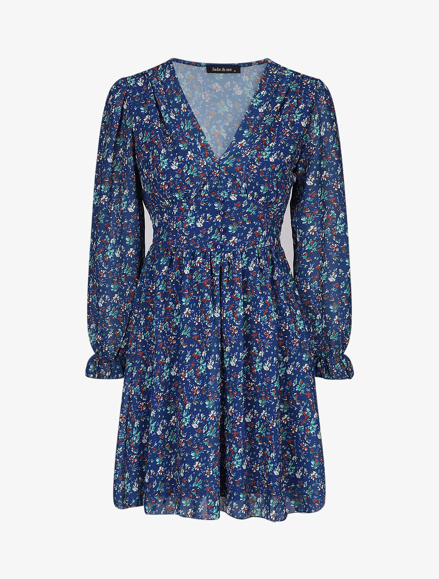 Robe courte patineuse à fleurs - Bleu - 1