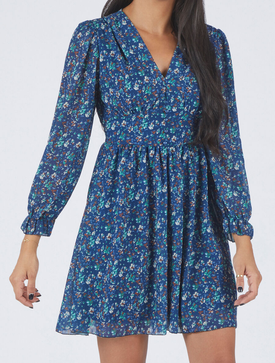 Robe courte patineuse à fleurs - Bleu - 4