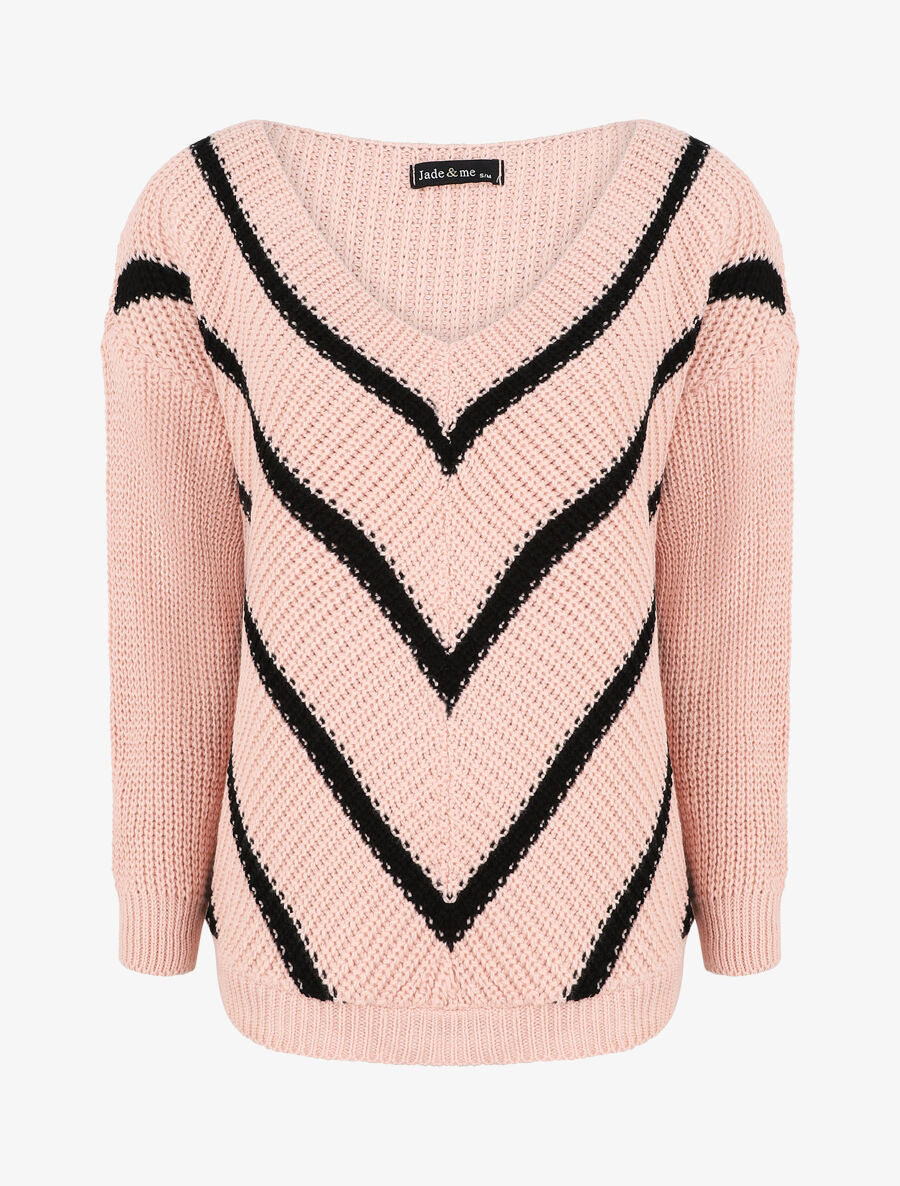 Pull en maille imprimé rayures en V - Rose - 1