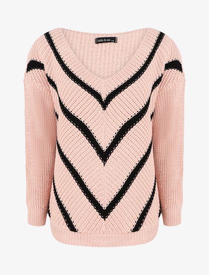 Pull en maille imprimé rayures en V - Rose - 1