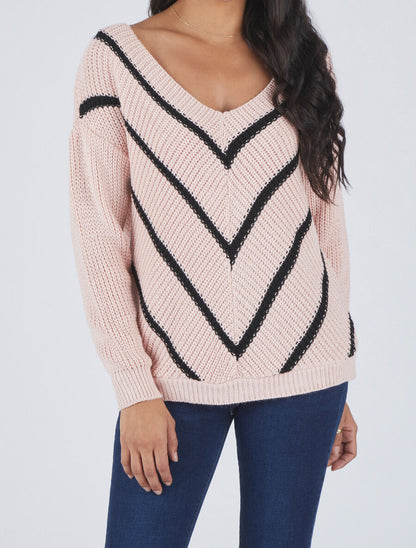 Pull en maille imprimé rayures en V - Rose - 4