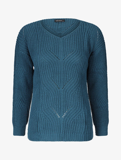 Pull uni en grosse maille à col rond - Bleu canard - 1