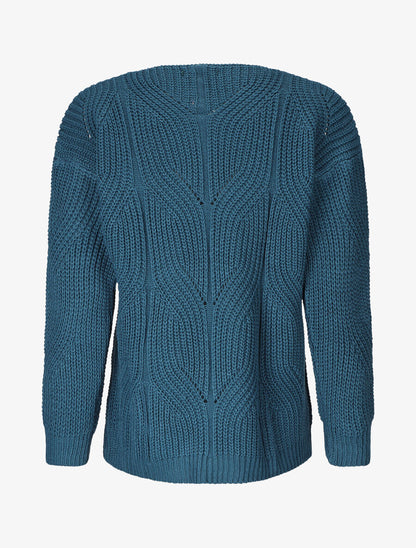 Pull uni en grosse maille à col rond - Bleu canard - 2