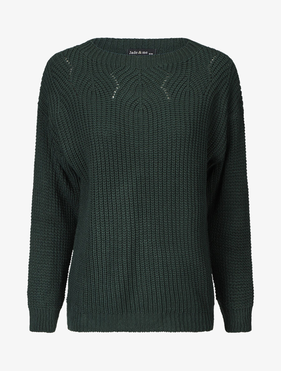 Pull uni en grosse maille à col bateau - Vert sapin - 4