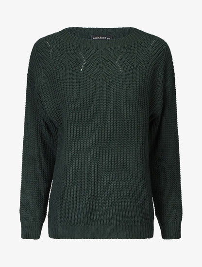 Pull uni en grosse maille à col bateau - Vert sapin - 4