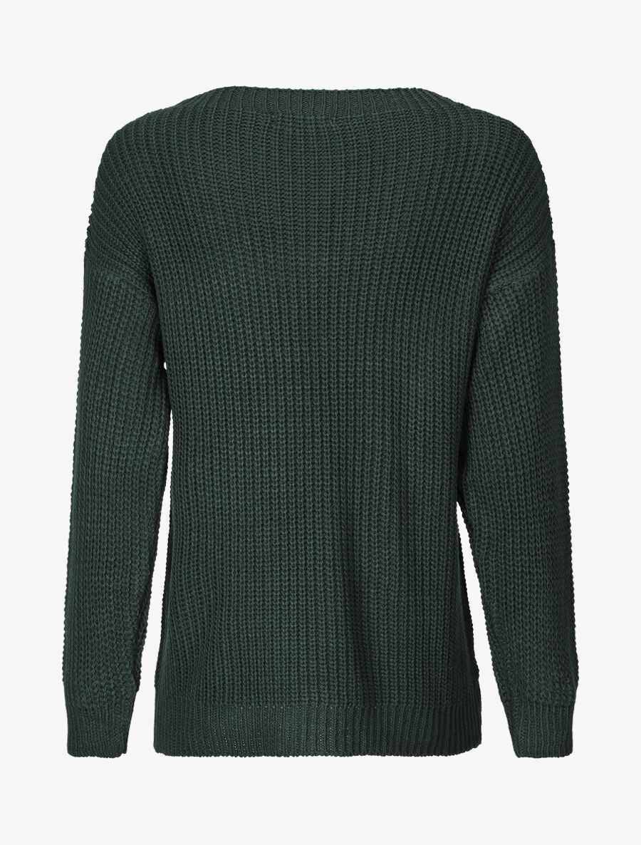 Pull uni en grosse maille à col bateau - Vert sapin - 2