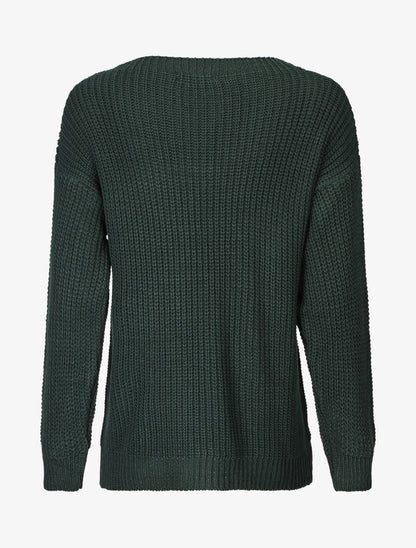 Pull uni en grosse maille à col bateau - Vert sapin - 2