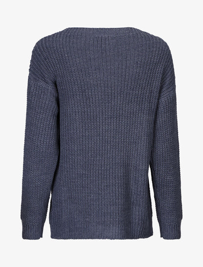 Pull uni en grosse maille à col bateau - Bleu - 2