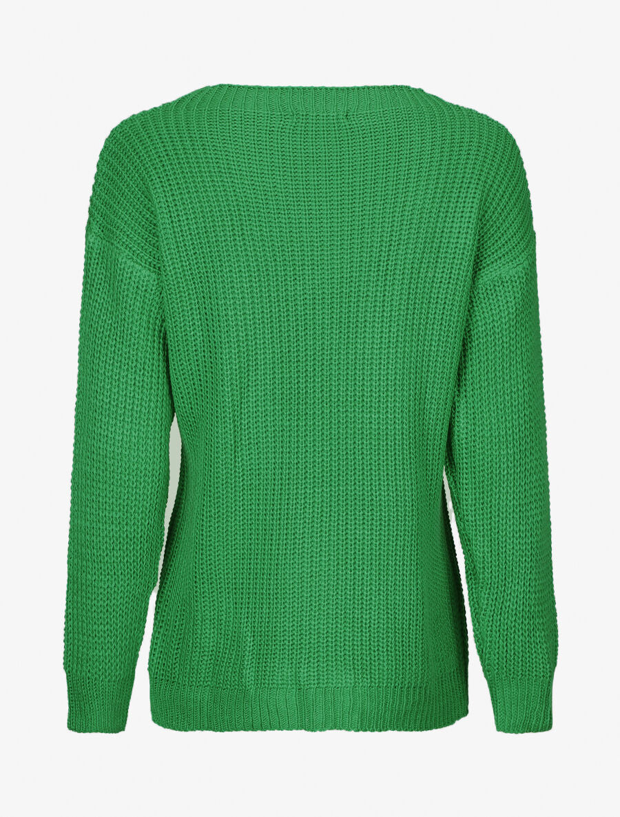 Pull uni en grosse maille à col bateau - Vert - 2