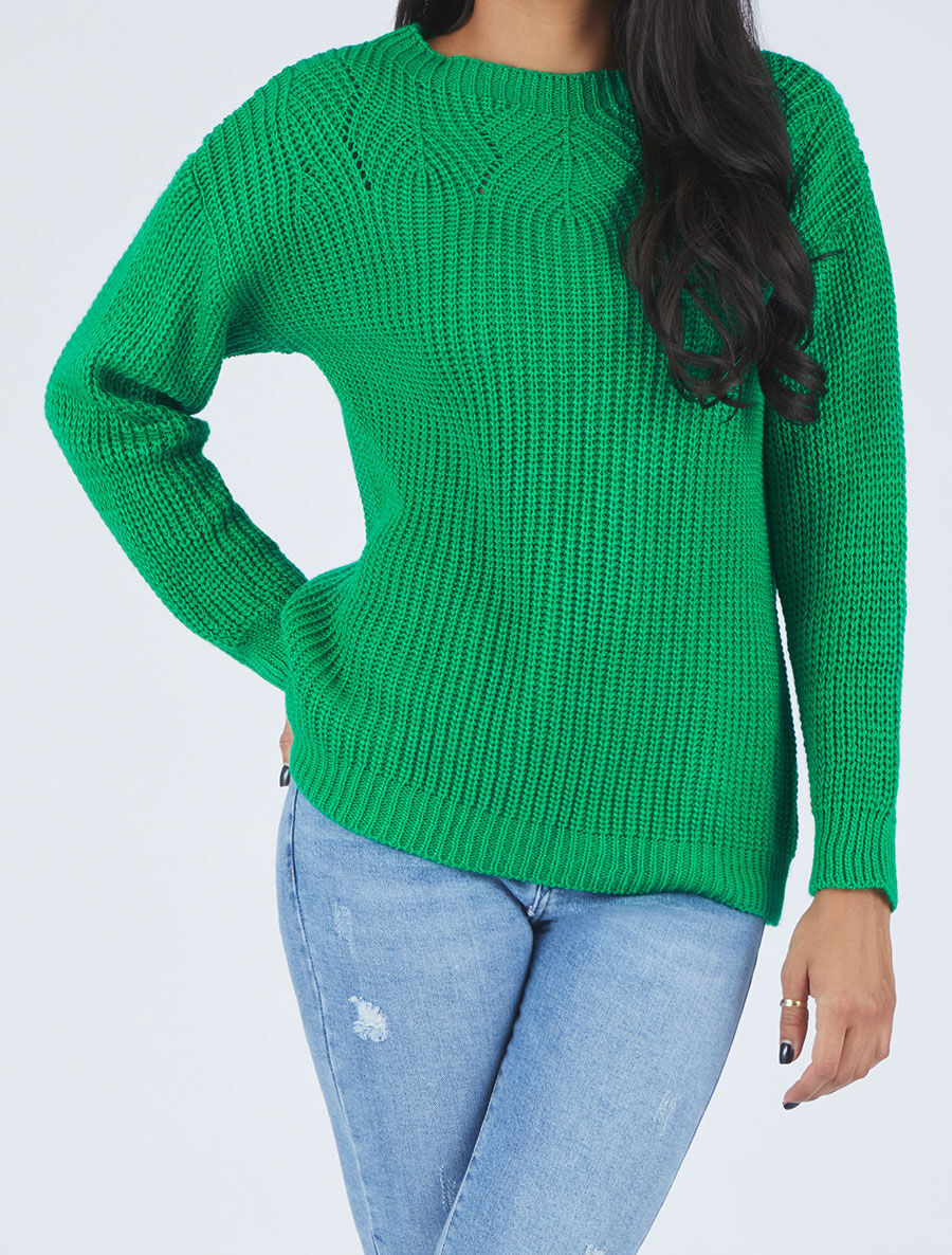 Pull uni en grosse maille à col bateau - Vert - 4