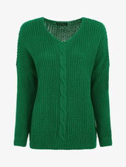 Pull uni à col V et torsade - Vert - 5