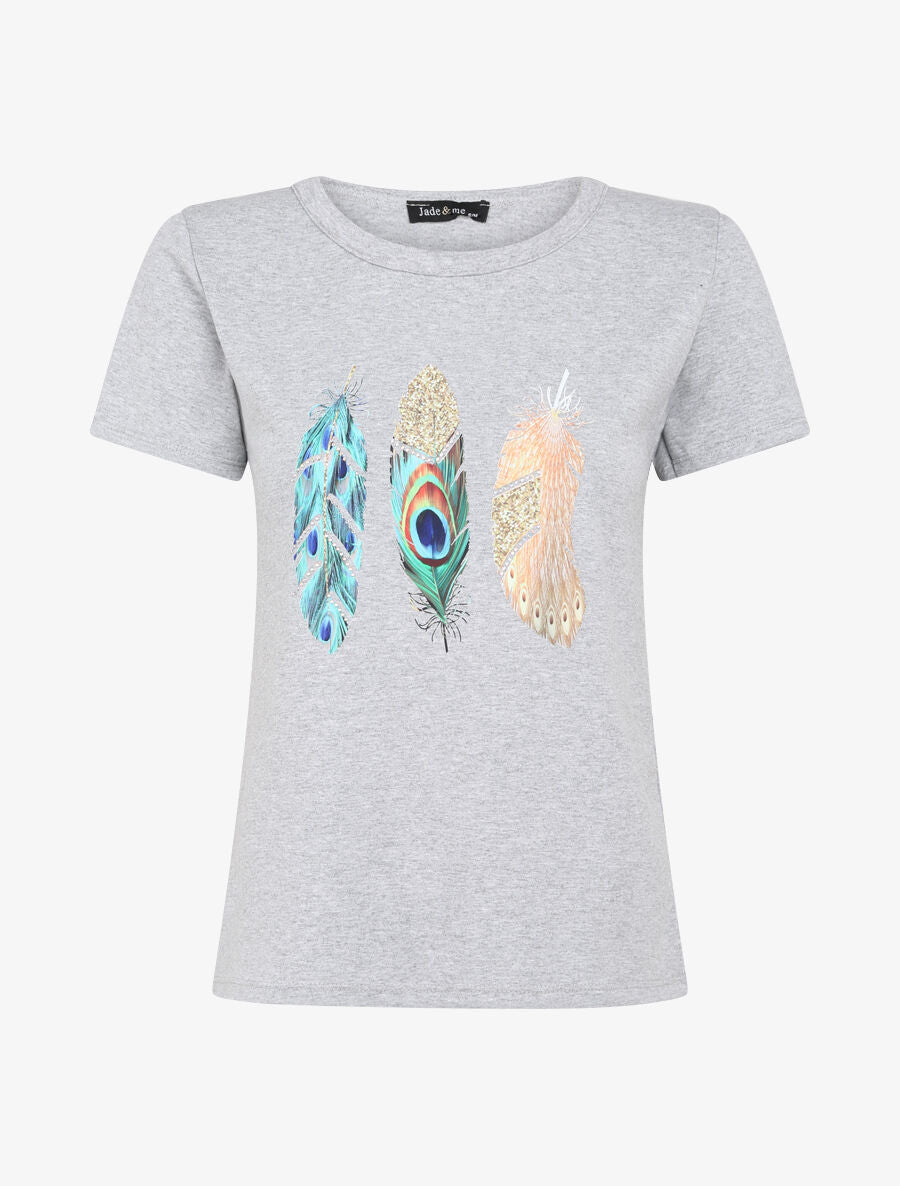 T-shirt à motif plumes et strass - Gris - 4