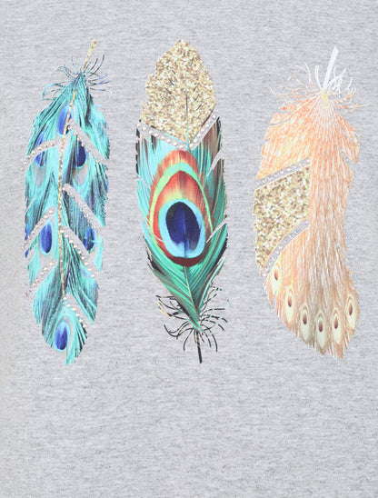 T-shirt à motif plumes et strass - Gris - 3