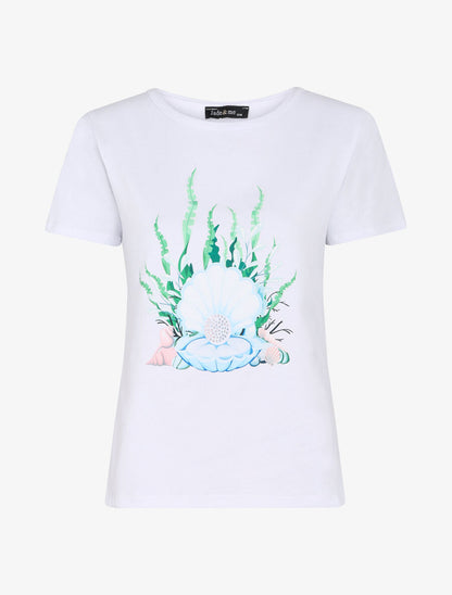 T-shirt à motif coquillage et strass - Blanc - 1