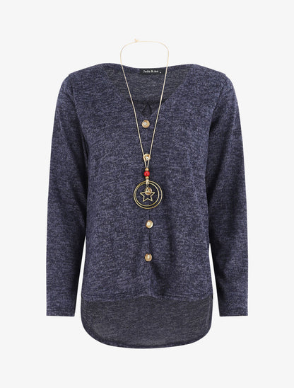 Pull ample à boutons décoratifs - Bleu foncé - 5