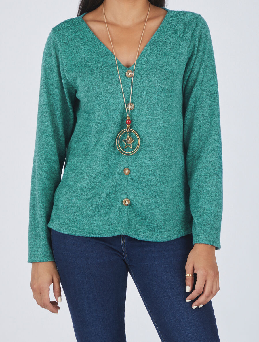 Pull ample à boutons décoratifs - Turquoise - 4