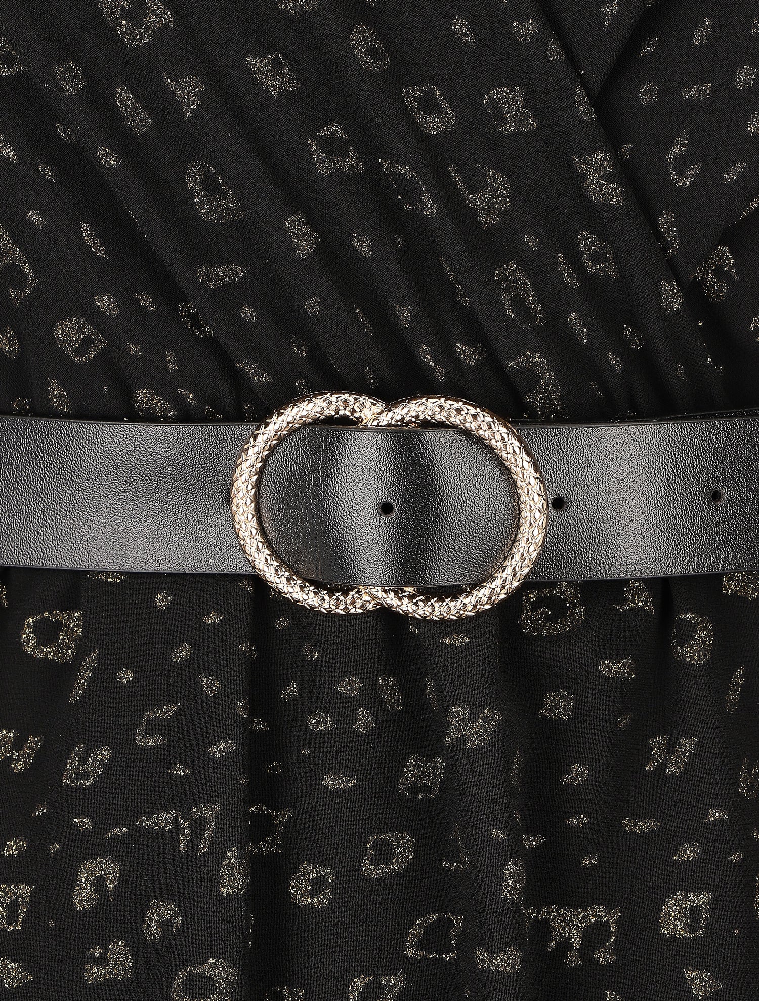 Robe mi-longue cache-coeur à imprimé graphique doré - Noir - 3