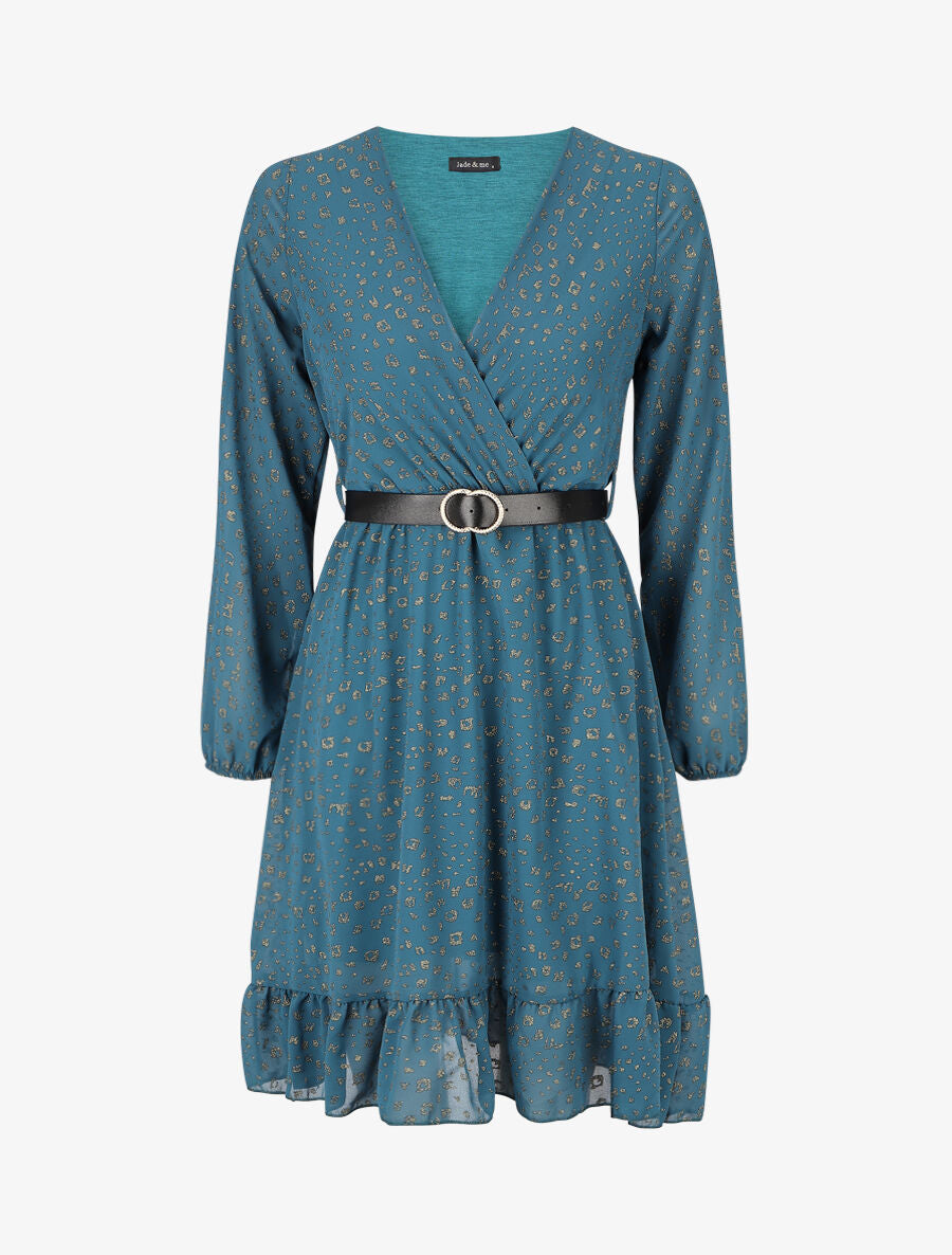 Robe mi-longue cache-coeur à imprimé graphique doré - Bleu canard - 1