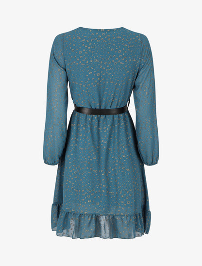 Robe mi-longue cache-coeur à imprimé graphique doré - Bleu canard - 2
