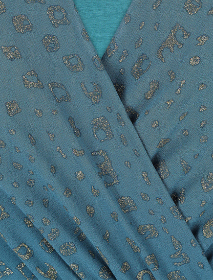 Robe mi-longue cache-coeur à imprimé graphique doré - Bleu canard - 3