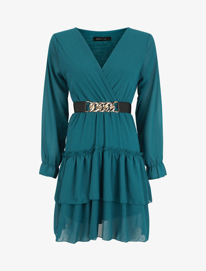 Robe à col cache-coeur volantée - Bleu canard - 4