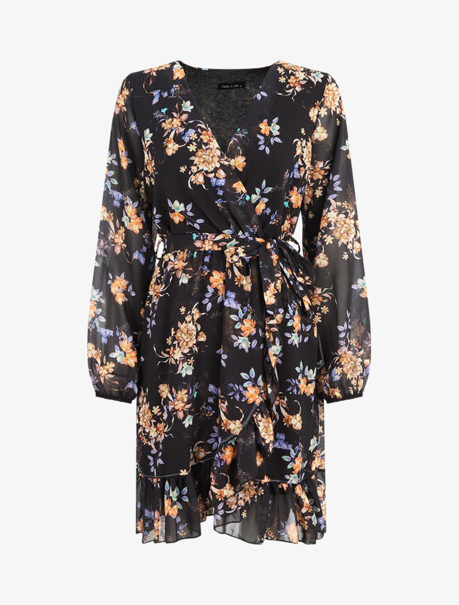 Robe à volants imprimé bouquet automnal - Noir - 4