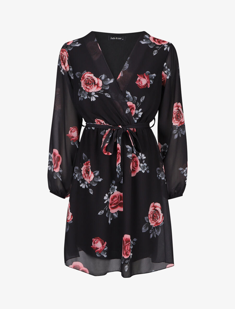 Robe mi-longue taille élastiquée imprimé roses - Noir - 1