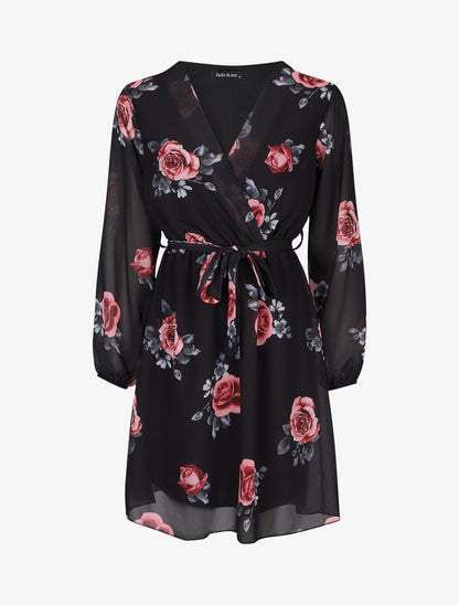 Robe mi-longue taille élastiquée imprimé roses - Noir - 1