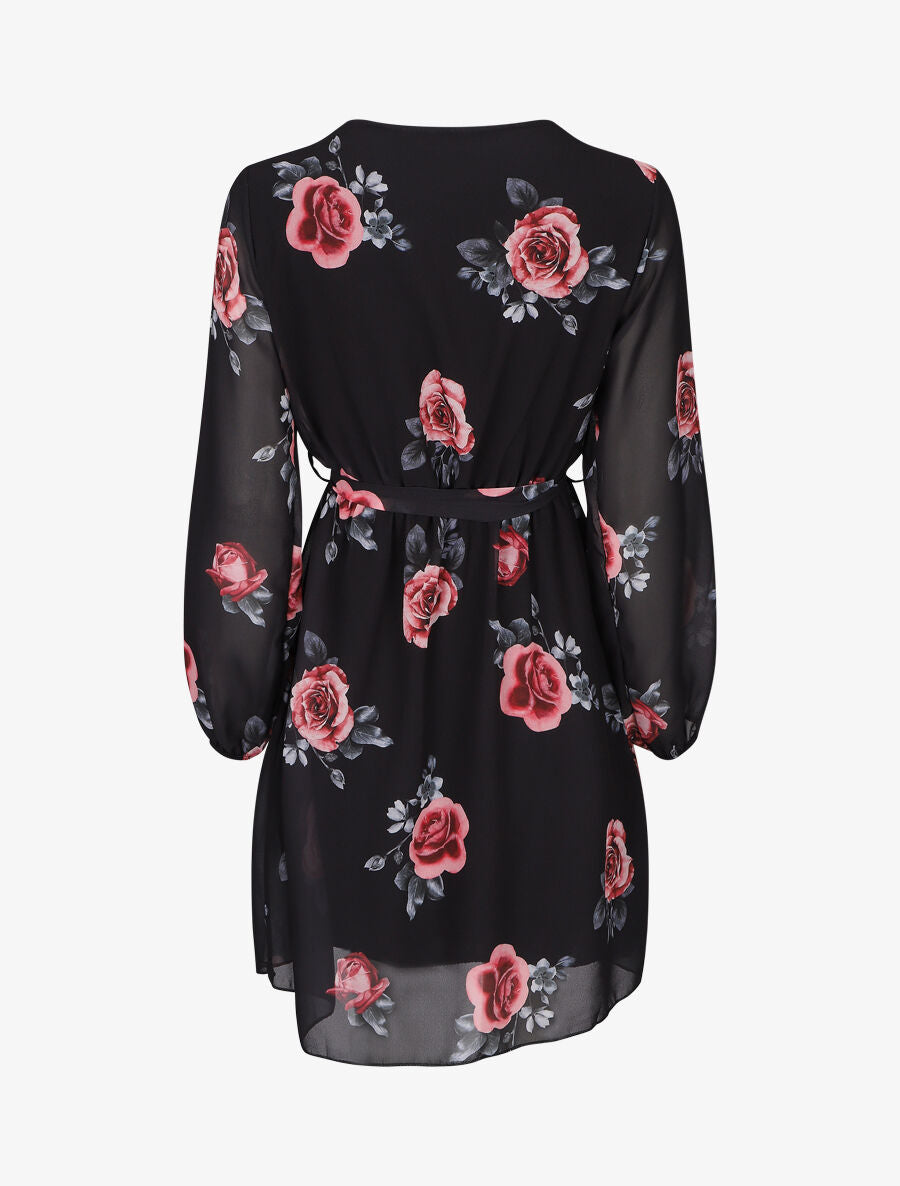 Robe mi-longue taille élastiquée imprimé roses - Noir - 2