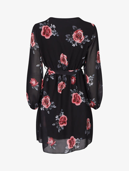 Robe mi-longue taille élastiquée imprimé roses - Noir - 2