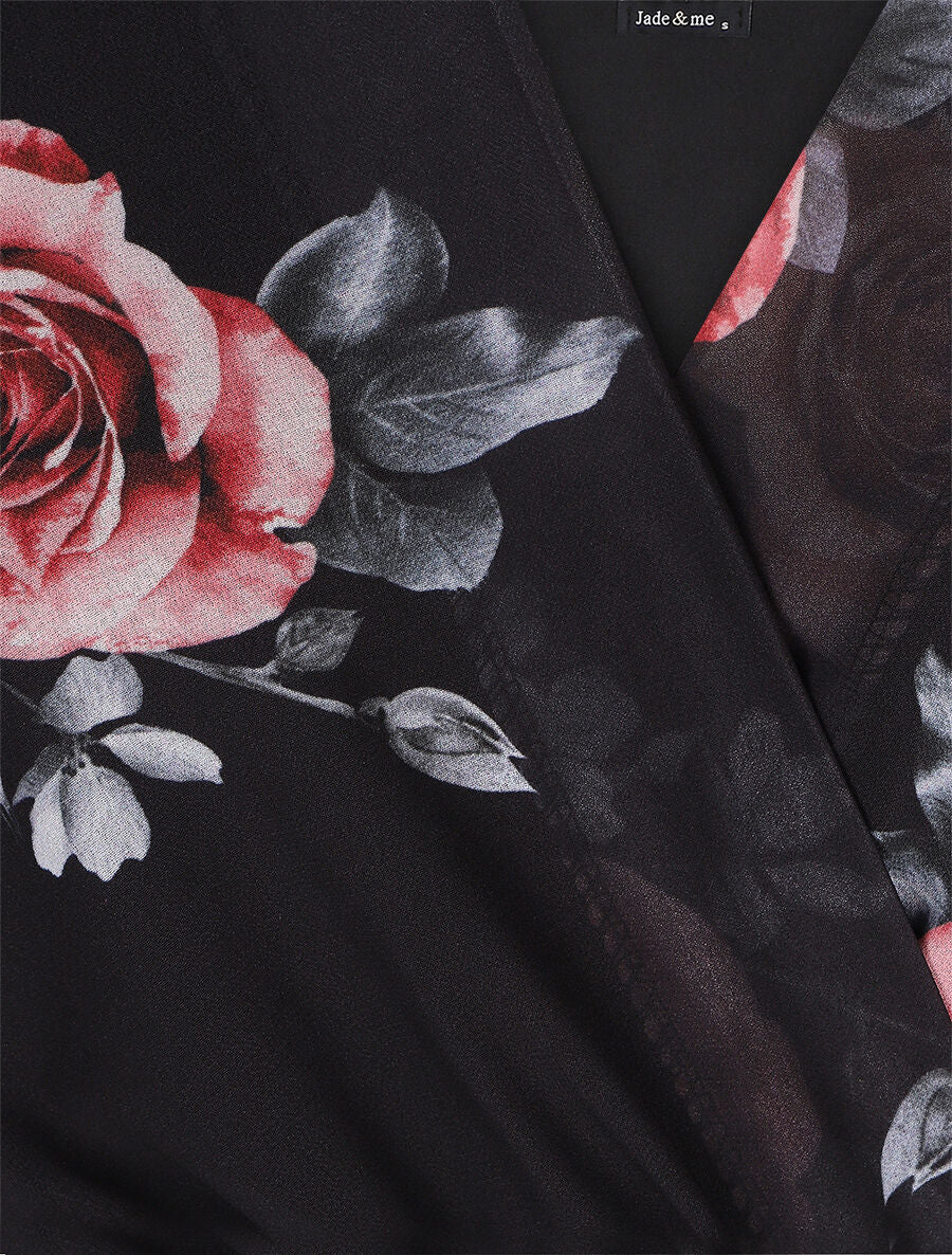Robe mi-longue taille élastiquée imprimé roses - Noir - 3