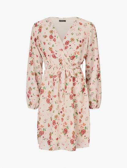 Robe cache-coeur à imprimé fleurie - Beige - 1