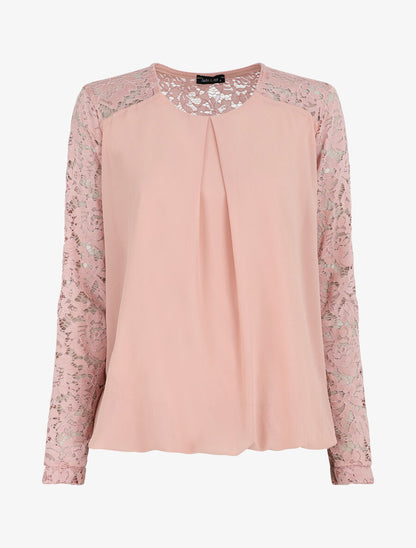 Top droit à manches en dentelle - Rose - 1