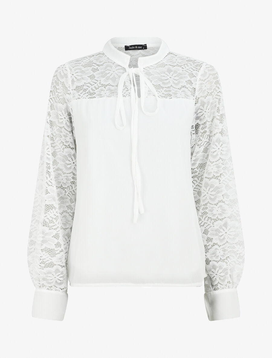 Blouse à manches longues ajourées en dentelle - Blanc - 5