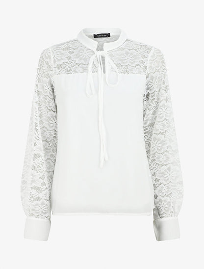 Blouse à manches longues ajourées en dentelle - Blanc - 5
