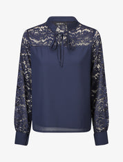 Blouse à manches longues ajourées en dentelle - Marine - 5