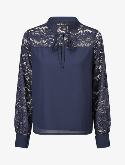 Blouse à manches longues ajourées en dentelle - Marine - 5
