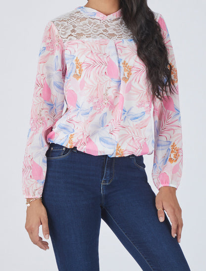 Blouse en voile imprimé tropical - Blanc - 4