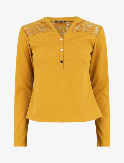 Blouse unie à dentelle - Moutarde - 1