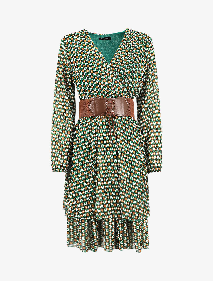 Robe col cache-coeur imprimé mosaïque - Vert - 1