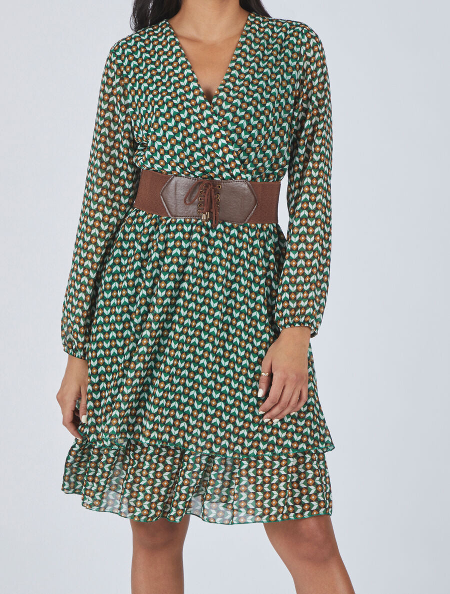 Robe col cache-coeur imprimé mosaïque - Vert - 4