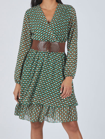 Robe col cache-coeur imprimé mosaïque - Vert - 4