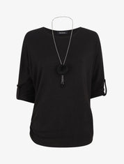 Pull ample uni avec sautoir - Noir - 1