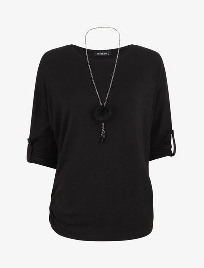 Pull ample uni avec sautoir - Noir - 1