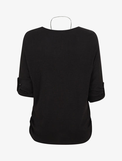Pull ample uni avec sautoir - Noir - 2