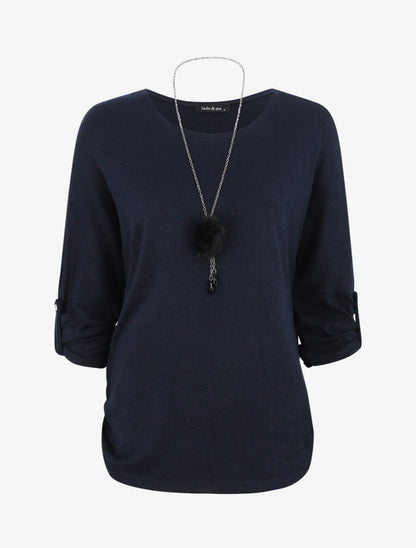 Pull ample uni avec sautoir - Marine - 1