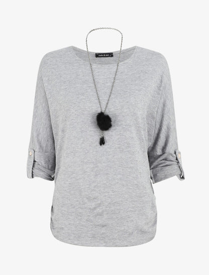 Pull ample uni avec sautoir - Gris clair - 5