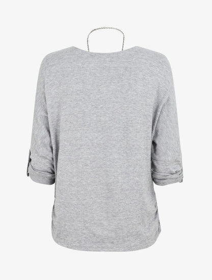 Pull ample uni avec sautoir - Gris clair - 2