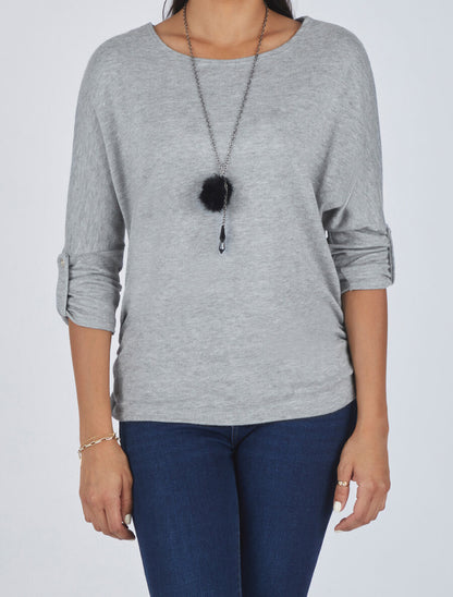 Pull ample uni avec sautoir - Gris clair - 4