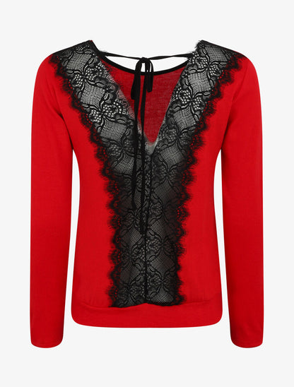 Pull droit à dos en dentelle - Rouge - 2